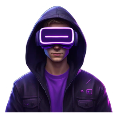 Russian young man wearing a black hoodie with "OMG" letters on it and VR headset in a cyberpunk VR environment with violet neon lighting. sticker