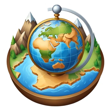 An icon featuring a globe, a compass, and a map, symbolizing geography. The design includes mountain ranges, rivers, and continents, representing the study of Earth’s landscapes and environments. Transparent background highlights the exploration and understanding of the world’s geography. sticker