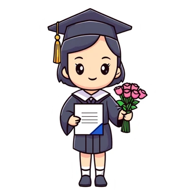 Cute Japanese high school girl in graduation ceremony with bouquet and diploma sticker