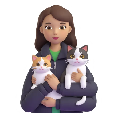 Light-skinned girl with brown straight hair wearing a black jacket, holding one completely white cat and one calico cat sticker
