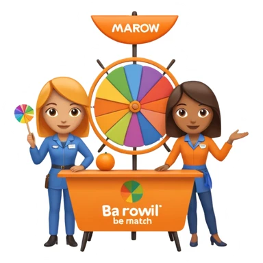 emoji of a recruitment booth. Two cartoon figures stand behind an orange table with 'MARROW, be a match' branding, a colorful spinning wheel, and a branded vertical banner. Simplified and cute sticker