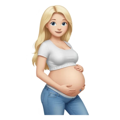 White girl, 18, long blonde hair, blue eyes, white crop top, jeans, huge pregnant belly, side view, skinny, bare midriff, smiling sticker
