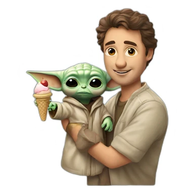 Rick Ashley with a baby yoda in hes hand and a ice Cream  sticker
