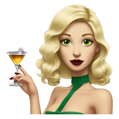 white, honey blonde pretty girl with green eyes, smoking a cigarette and a martini in hand, dark red nails, looking sexy and cool  sticker