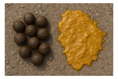 feci di animale a palline viste dall'alto e feci di animale liquide e gialline viste dall'alto, iperrealistico 4k sticker