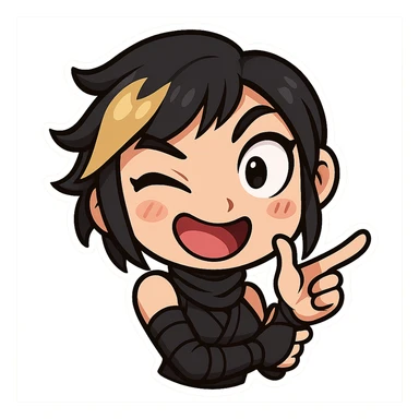 Make the expression even weirder and cuter for a sexy chibi ninja girl with black short hair and a blonde streak, only head and arms, making a finger gun gesture, bold outlines, transparent background, no mask, one eye huge and the other tiny, mouth open in a silly grin, sized for Twitch emoji use. sticker