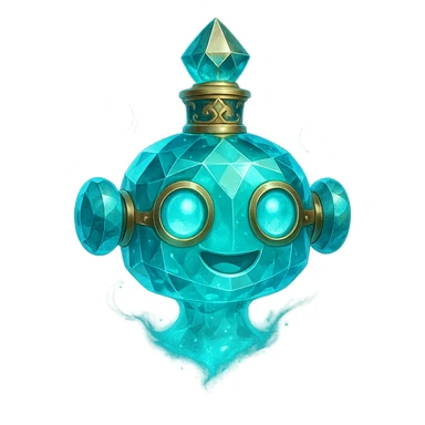 cute, luxurious crystal elixir bottle in the shape of a friendly and playful robot head, cyan color, lots of glowing, facets, ornaments, golden details, magical effects, very small almost invisible neck, transparent background, beautiful merging bottom, clearly floating in the air, no base or shadow, premium class impression, design matching a collection of crystal, luxurious, magical bottles sticker