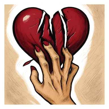 женская рука с маникюром вгоняет когти в винного цвета сердце и сильно раздирает царапает его (пальцы полусогнуты ногти вогнаны в царапины) рисованный стиль, ориентируйся на референсы по стилю и по уровню разодранности серца sticker