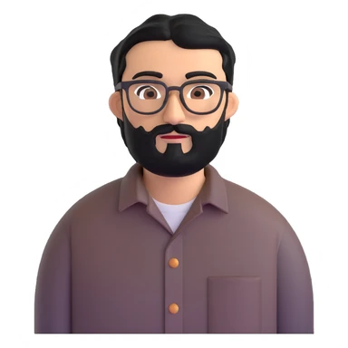 man with medium black beard, black hair, connected unibrow, olive tan skin, brown eyes, glasses, prominent long nose, wearing casual business attire like a button-up shirt without tie sticker