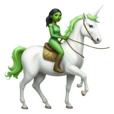 a green amazon alien woman on a four-legged white unicorn sticker