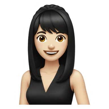 bride with very pale skin dark brown straight hair black dress and bangs laughing sticker