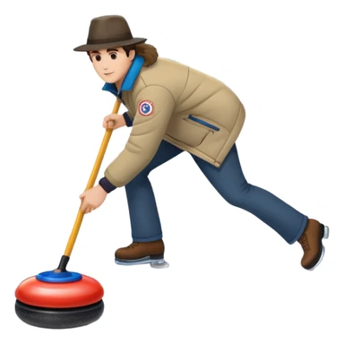 An icon featuring a curling stone sliding across the ice, with a broom nearby. The scene includes the curling rink, with its distinctive circles, and a vibrant crowd in the stands. Snowflakes fall outside the arena, and bright lights illuminate the ice. Transparent background. sticker