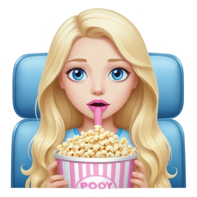 Cinematic realistic blonde with long hair, blue eyes and painted pastel pink lips, watching TV and eating popcorn sticker
