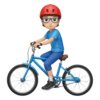 12 year old boy with short brown hair and a fringe, round glasses, blue eyes, riding a blue bike, wearing a red helmet sticker