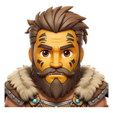 Clash of Clans style: Cinematic Rugged Barbarian Portrait Emoji, Intense and formidable with a stylized build, a rugged beard and expressive eyes, adorned in playful, battle-worn furs and cartoonish armor with tribal markings, Simplified yet powerfully detailed features, highly detailed, glowing with a deep, adventurous energy, high shine, spirited and determined, stylized with an air of raw, untamed power, soft glowing outline, capturing the essence of a barbarian warrior ready to lead epic quests! sticker