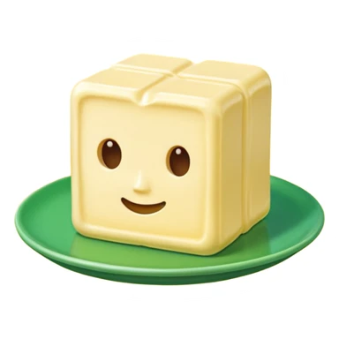 A 3D cartoon butter block identical to dairy butter, subtle green plate or tone difference, Memoji-style sticker