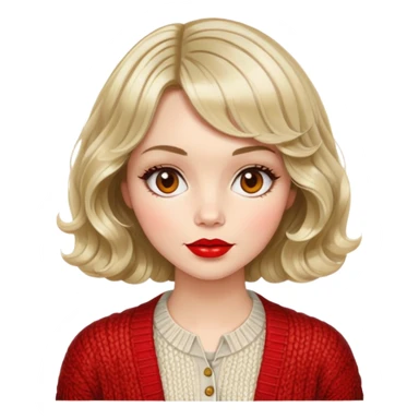 Alluring 1970's French girl french shiny wavy textured bob haircut tousled hair red lips wearing knitted cardigan sticker