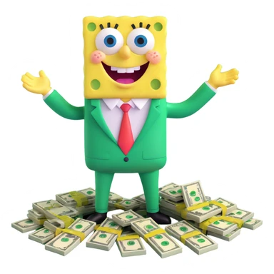 SpongeBob in a green suit, surrounded by money, happy pose sticker
