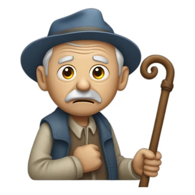 Old man leaning on a walking cane and holding his crancky back with his hand, grumpy face, detailed sticker