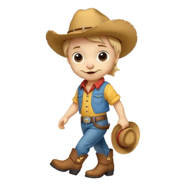 a very cute and adorable anthropomorphic puppy with a cowboy hat ,yellow shirt and blue jeans and brown boots is walking  sticker
