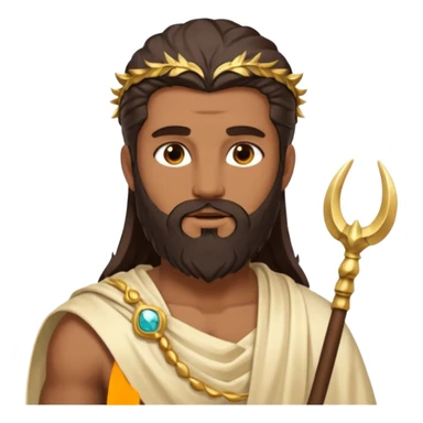 Faunus, God from Nature Roman Deities with long dark brown hair and beard, tan sequin toga, ivory horn sticker