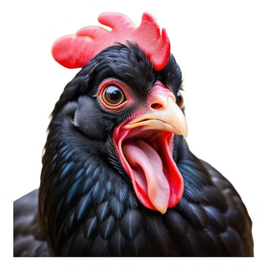 Cinematic Cute Yawning Black Chicken Portrait Emoji, Head tilted slightly with a dramatic, wide-open yawn, showcasing a soft, glossy black plumage with subtle hints of iridescence and a distinctive red comb, floppy wings slightly drooping, round beady eyes barely open in drowsy contentment, Simplified yet irresistibly adorable features, highly detailed, glowing with a soft, cozy glow, high shine, relaxed yet expressive, stylized with a touch of whimsy, bright and endearing, soft glowing outline, capturing the essence of a sleepy yet affectionate chicken, so drowsy it feels like it could stretch out of the screen and curl up for a nap! sticker