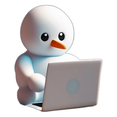 cute little snowman working with a laptop holding a coffee mug sticker