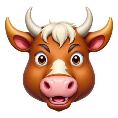 Cinematic Comical Domestic Ox Portrait Emoji, Head tilted dramatically with an exaggeratedly amused expression, featuring a striking, glossy hide with boldly curved horns and wide, expressive eyes brimming with playful disbelief, Simplified yet hilariously expressive features, highly detailed, glowing with a slightly sassy earthy glow, high shine, dramatic yet playful, stylized with an air of cheeky rural mischief, soft glowing outline, capturing the essence of a spirited and over-the-top ox that looks ready to charge its way into internet fame instantly! sticker