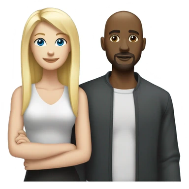 Blonde woman with blue eyes and long straight hair and black man who is bald with a goatee seated together with their legs touching and one arm around each other.   sticker