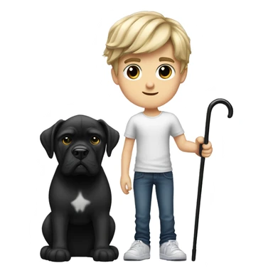 young white kid with justin beiber hairstyle standing alongside a black cane-corso sticker