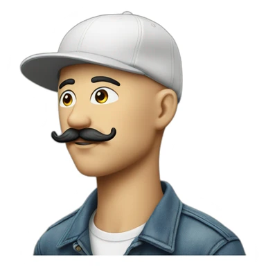 Skinhead in five-panel cap with mustache sticker