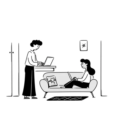 escenary 3d of a cozy mid-century living room with two people working on laptops, one man standing at a desk and one woman sitting on a couch, two walls and floor visible sticker