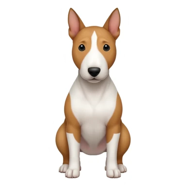 bull terrier with black head and body and a white chest sticker