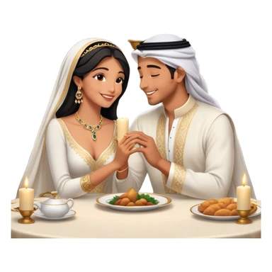 intimate moment a Arab couple at candlelit dinner. The woman, dressed in a sophisticated white gown with delicate jewelry, smiles as her partner, wearing a traditional black and gold bisht with a white ghutra, leans in to whisper or kiss her cheek. Their hands are gently intertwined on the table,M sticker