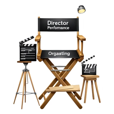 Icon for Directing: a director's chair, a film clapperboard, and a stage with a spotlight. The icon should represent the creative and organizational aspects of directing, with focus on storytelling, staging, and performance. Transparent background. sticker