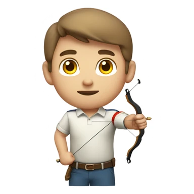 a male archer aiming with a bow looking at his target, wearing a polo shirt, brown hair, bright skin, sticker