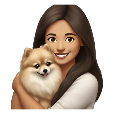 beige and white Pomeranian in the hands of a white young woman with dark brown hair smiling and cuddling the dog  sticker