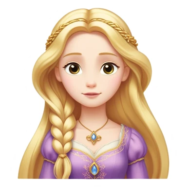 Cinematic Serene Rapunzel Portrait Emoji, rendered in a simplified vector style. Depict a gentle Rapunzel (chest and above) with delicate porcelain skin and long, shimmering golden hair, her expression calm and reflective, dressed in her traditional attire. The image is imbued with a soft, luminous glow and a subtle glowing outline. sticker