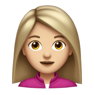 white girl with brown eyes, long straight dark brown hair, curtain bangs, and a magenta jacket sticker