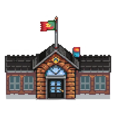 school building with classroom windows, entrance door, and flag pole sticker