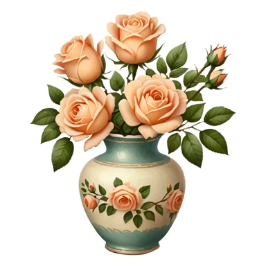 Oil painting of light peach roses in vintage vas, brushstrokes sticker