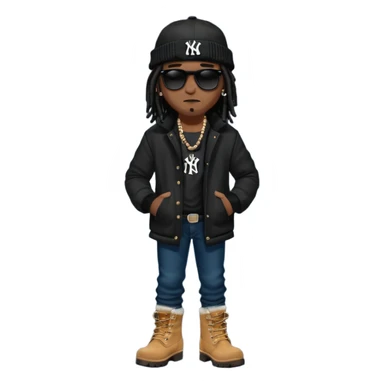 African American man with shoulder length black dreadlocks with black bead wearing black sunglasses with wearing denim skinny jeans wearing black bubble winter coat wearing black New York Yankees baseball hat and  timberland boots with arms folded sticker