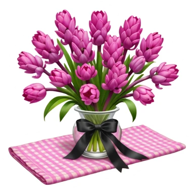 A lush bouquet of bright pink color Hyacinths black satin ribbon, resting on an antique wooden table, with a pale yellow and pink plaid pattern table cloth sticker