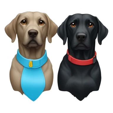 two dogs looking to the right. both black labradors, one with a red colour and the other with a light blue collar sticker