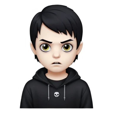 Vampire boy with the black emo hair, pale-white skin, black eyes, little fangs and dark circles under his eyes. He has serious face and he wear a black oversize sweatshot sticker