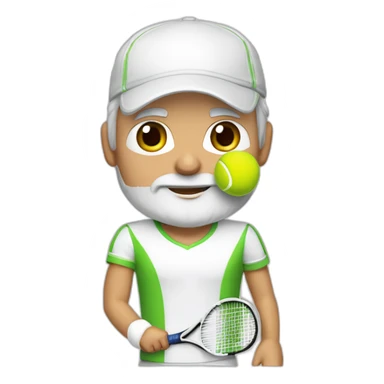 Tennisplayer white-male in his 50s,Green-eyes, gray-hear, white-beard, white cap and white-shirt with tennis-raquet and tennis-ball sticker