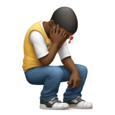 A man kneeling and crying while trying to repair his girlfriend's broken heart. The heart should be depicted as a broken emoji heart, emphasizing the emotional scene. sticker