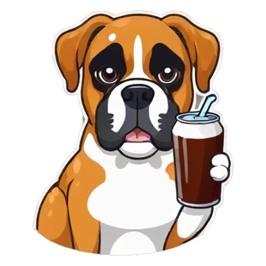 boxer dog holding a cola sticker