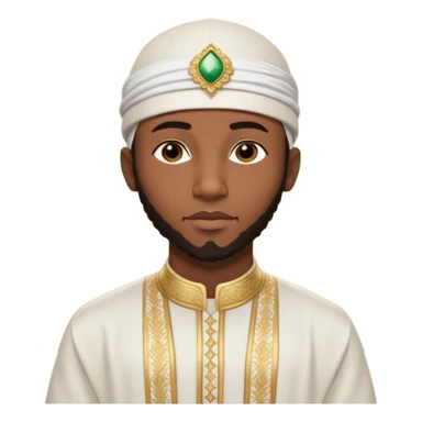 Muslim Black man of West African origin, deep brown skin, dressed in a white bazin riche with embroidery, kufi cap, standing in a warm sunset atmosphere, calm and spiritual look, photo realistic, cinematic lighting, 4K, high detail. sticker