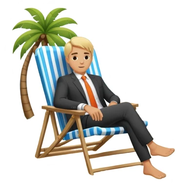 blonde man in business suit sitting in a beach chair on a tropical beach, vacation sticker